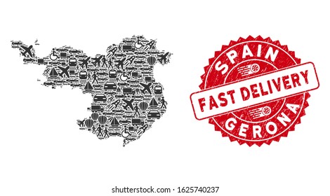 Logistics collage Gerona Province map and grunge stamp seal with FAST DELIVERY text. Gerona Province map collage composed with grey randomized automobile items.
