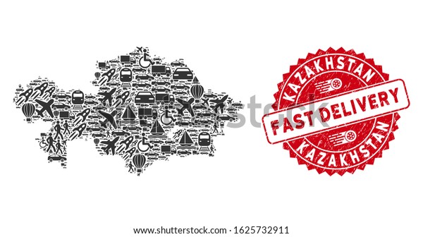 Logistics collage Kazakhstan map and\
grunge stamp watermark with FAST DELIVERY badge. Kazakhstan map\
collage formed with grey scattered logistics\
icons.