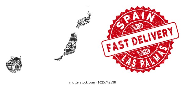 Logistics collage Las Palmas Province map and distressed stamp seal with FAST DELIVERY badge. Las Palmas Province map collage composed with gray scattered logistics symbols.