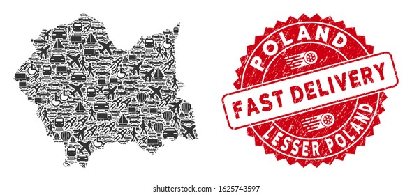 Logistics collage Lesser Poland Voivodeship map and grunge stamp seal with FAST DELIVERY message. Lesser Poland Voivodeship map collage formed with gray randomized deliver icons.