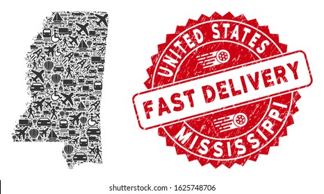 Logistics collage Mississippi State map and distressed stamp seal with FAST DELIVERY words. Mississippi State map collage formed with gray random car elements.