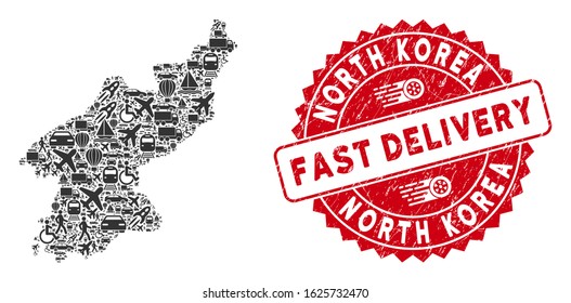 Logistics collage North Korea map and corroded stamp watermark with FAST DELIVERY text. North Korea map collage composed with gray scattered vehicle icons.