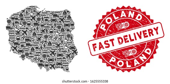Logistics collage Poland map and corroded stamp seal with FAST DELIVERY phrase. Poland map collage created with grey randomized transportation symbols.