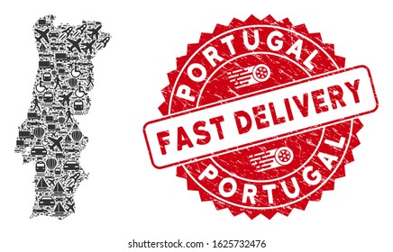 Logistics collage Portugal map and rubber stamp seal with FAST DELIVERY words. Portugal map collage constructed with grey randomized logistics elements.