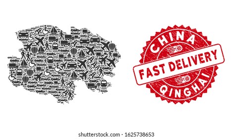 Logistics collage Qinghai Province map and grunge stamp seal with FAST DELIVERY phrase. Qinghai Province map collage formed with gray random delivery items.