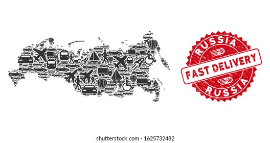Logistics collage Russia map and corroded stamp watermark with FAST DELIVERY phrase. Russia map collage constructed with gray randomized delivery icons.
