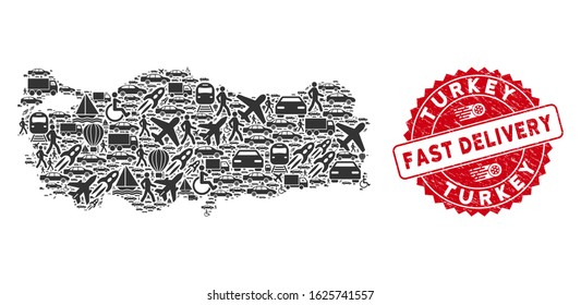 Logistics collage Turkey map and rubber stamp seal with FAST DELIVERY badge. Turkey map collage created with grey scattered automobile items. Red rounded FAST DELIVERY seal stamp with grunge texture.