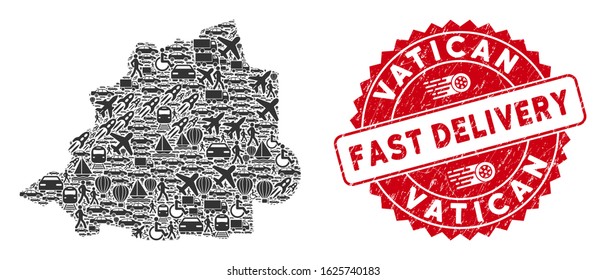 Logistics collage Vatican map and rubber stamp watermark with FAST DELIVERY message. Vatican map collage formed with grey scattered delivery elements.