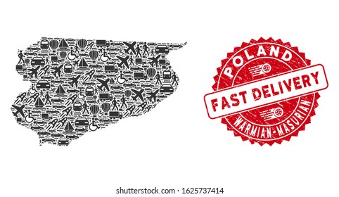 Logistics collage Warmian-Masurian Voivodeship map and grunge stamp seal with FAST DELIVERY phrase. Warmian-Masurian Voivodeship map collage constructed with grey randomized truck symbols.