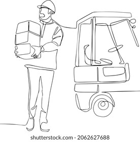 Logistics Collection. Worker In Uniforms And With Helmets On Heads Relocating Heavy Boxes Warehouse Worker Isolated Line Drawing. Vector Illustration