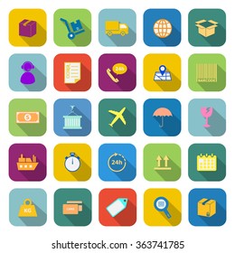 Logistics color icons with long shadow on white background