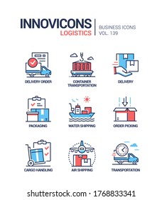 Logistics - colorful line design style icons set. Delivery service, transportation types, vehicles, cargo shipment idea. Container, packaging, water and air shipping, order picking, handling