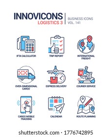 Logistics - colorful line design style icons set. Delivery service, cargo shipment idea. IFTA calculator, trip report, international freight, courier, mobile tracking, calendar, route planning images
