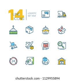 Logistics - colorful thin line design icons set. High quality pictograms with water and air shipping, round the clock international service, package, delivery, barcode, payment by card, warehouse