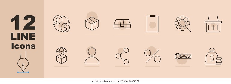 Logistics and commerce set icon Money exchange, delivery box, product search, shopping cart, lock, network, shipment, gear. Logistics, e-commerce, supply chains