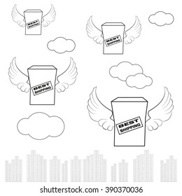 logistics company, boxes with wings, flying over the city in black and white, best shipping