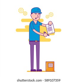 Logistics company courier or delivery man character standing with parcel and asking client for signature. Postman or post office worker deliver mailbox. Vector flat cartoon illustration.