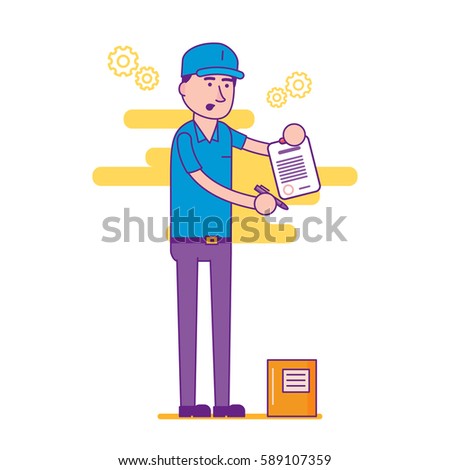Logistics company courier or delivery man character standing with parcel and asking client for signature. Postman or post office worker deliver mailbox. Vector flat cartoon illustration.