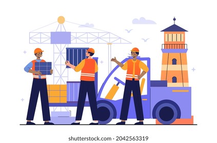 Logistics company in port concept. Men in uniforms and helmets put boxes on car. Crane loads Cargo. Employees work near lighthouse. Cartoon flat vector illustration isolated on white background