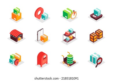 Logistics concept 3d isometric icons set. Bundle elements of parcel delivery, location tracking, fast shipping, warehouse, protection, mailbox and other. Vector illustration in modern isometry design