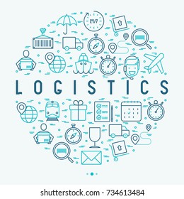 Logistics concept in circle with thin line icons of delivery, box, airplane, train, marine, crane, globe with pointer. Vector illustration for banner, web page, print media.