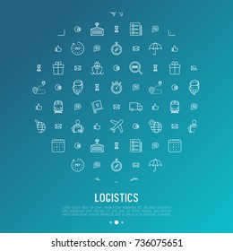 Logistics concept in circle with thin line icons of delivery, box, airplane, train, marine, crane, globe with pointer. Vector illustration for banner, web page, print media.