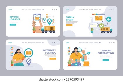 Logistics concept. A comprehensive visual guide to modern logistics, showcasing elements of supply chain management, inventory control, and efficient delivery systems. Flat vector illustration