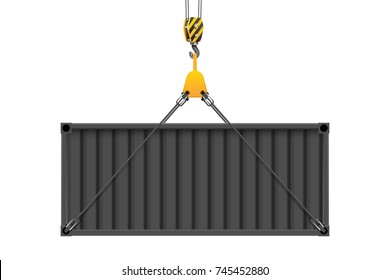 Logistics concept, crane hook lifts the container, isolated on white