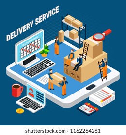 Logistics concept with delivery service workers on blue background 3d isometric vector illustration