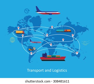 Logistics concept flat banner of maritime, railway, land and air transport on world map background.