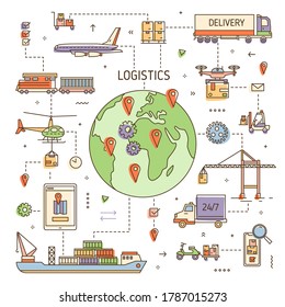 Logistics concept with freight vehicles, transport deliver trade goods. Cargo transportation, international delivery, worldwide, global shipping. Colored vector illustration in modern line art style