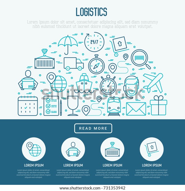 Logistics\
concept in half circle with thin line icons of delivery, box,\
airplane, train, marine, crane, globe with pointer. Vector\
illustration for banner, web page, print\
media.