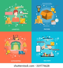 Logistics concept icons set with packing safekeeping and delivery symbols flat isolated vector illustration 