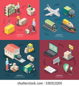 Logistics concept icons set with tracking and warehouse symbols isometric isolated vector illustration 