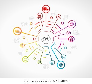 Logistics concept illustration with colorful icons over grid 
