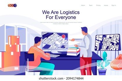 Logistics concept isometric landing page. People work in delivery service, tracking parcels at map, global fast shipping, 3d web banner. Vector illustration in flat design for website template