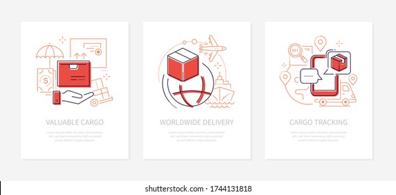 Logistics concept - line design style banners set with place for text. E-commerce, international transportation service idea. Valuable cargo, worldwide delivery, shipment mobile tracking illustrations