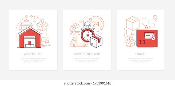 Logistics concept - line design style banners set with place for text. E-commerce idea. Warehouse, express delivery, parcel linear icons. Cargo package, safe storage and transportation services