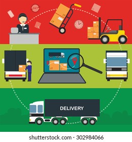 Logistics concept technology via supply chain warehouse and transportation management. Process of shipping and distribution channel. Warehouse logistics infographics concept. Supply chain management.