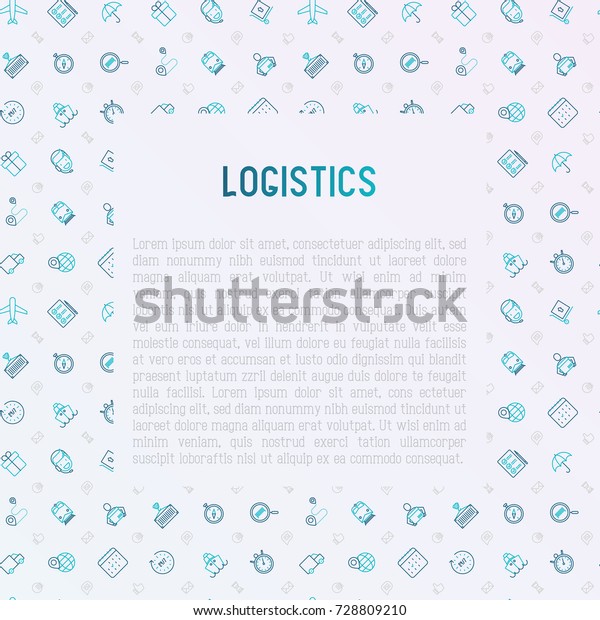 Logistics concept with thin line\
icons of delivery, box, airplane, train, marine, crane, globe with\
pointer. Vector illustration for banner, web page, print\
media.