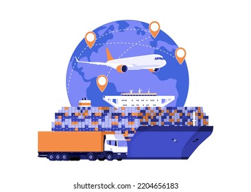Logistics concept using multimodal transport. Vector illustration.