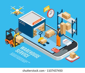 Logistics concept with warehouse delivery service on blue background 3d isometric vector illustration