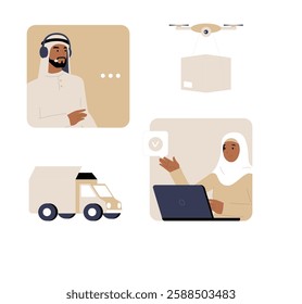 Logistics and Customer Support With Professionals in Arabic Traditional Wear in Flat Vector Illustration Symbolizing Delivery, Communication, and Service, Isolated on White Background