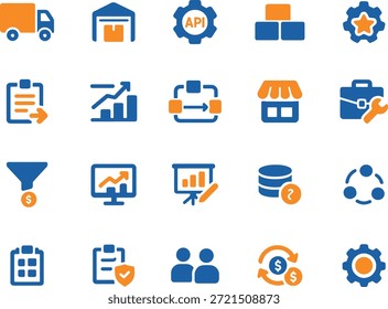 Iconos de logística y gestión de bases de datos con la aplicación de almacén de camiones de entrega y engranajes de tienda