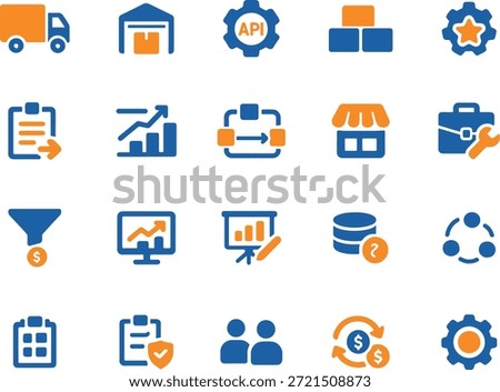 Logistics and database management icons featuring delivery truck warehouse api gear and store front
