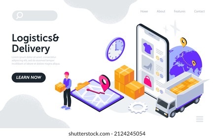 Logistics And Delivery Abstract Concept. Storage And Transportation Of Goods By Truck From Online Retail Stores. Shipment Of User And Customer Orders. Cartoon Modern Isometric Vector Illustration