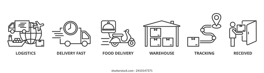 Pancarta de entrega logística icono web de ilustración vector con icono de logística, entrega rápida, entrega de alimentos, almacén, seguimiento, recepción