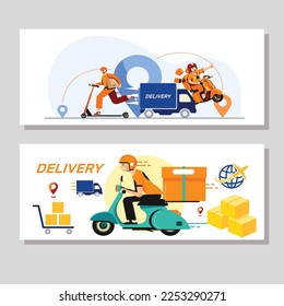 Logistics delivery banners templates flat cartoon dynamic shipping elements