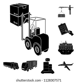 Logistics and delivery black icons in set collection for design. Transport and equipment isometric vector symbol stock web illustration.