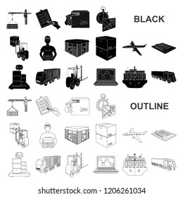 Logistics and delivery black icons in set collection for design. Transport and equipment isometric vector symbol stock web illustration.